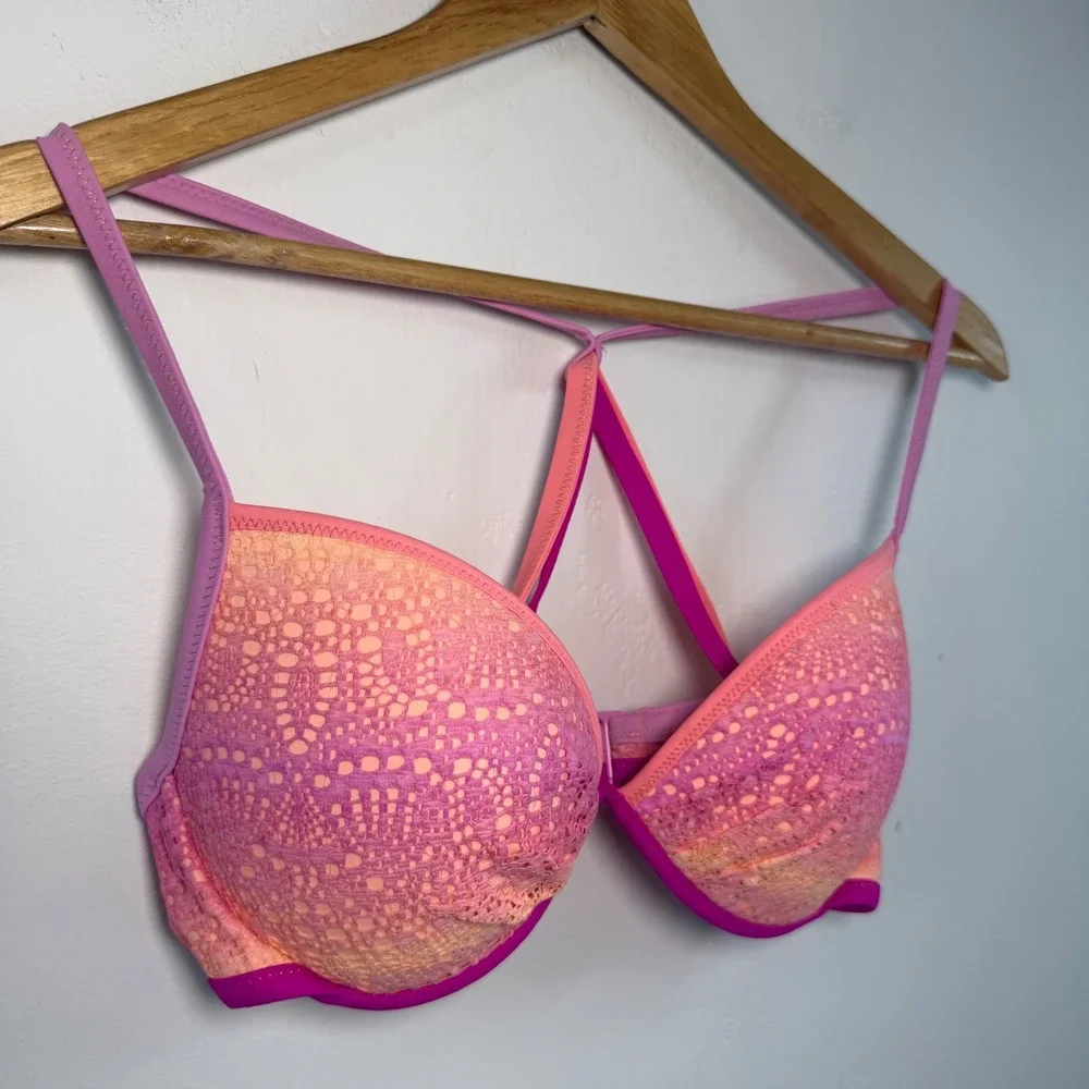 Victoria's Secret Fabulous Bikini Top‎ 34D Pink Ombre Lace Strappy Swim Barbie